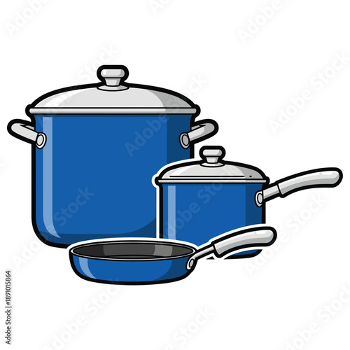 A blue pot set with one large, one small, and a pan