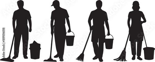Professional cleaner sweeping with broom, mopping, and holding bucket – essential service worker, vector outline for cleaning company promotion