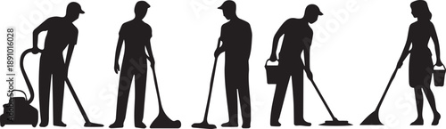 Professional cleaner sweeping with broom, mopping, and holding bucket – essential service worker, vector outline for cleaning company promotion