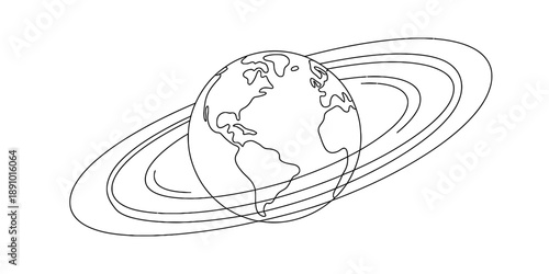 A conceptual line art illustration showing planet earth with rings in space. Vector, illustration