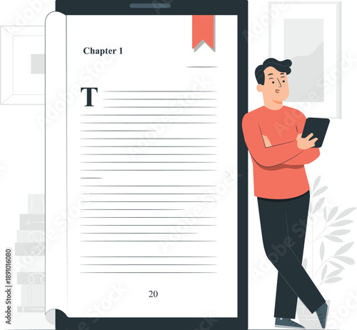 Man reading a digital book on a tablet while standing beside a large e-reader displaying Chapter 1