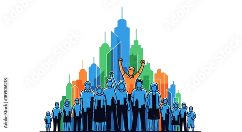 Illustration of a diverse crowd of people in front of a vibrant cityscape on a sunny day, celebrating freedom with a flying bird icon, symbolizing humanity and design.