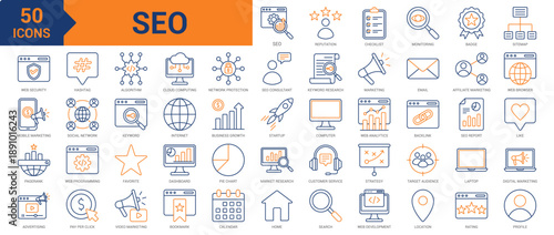 SEO colored line icon collection set. Containing keyword, research, sitemap, reputation, SEO monitoring, web security, digital marketing, PageRank, advertising, hashtag, algorithm, backlink icons