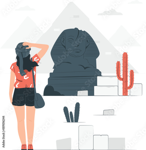 Woman tourist observing the ancient Egyptian Sphinx monument outdoors in a desert landscape with cacti