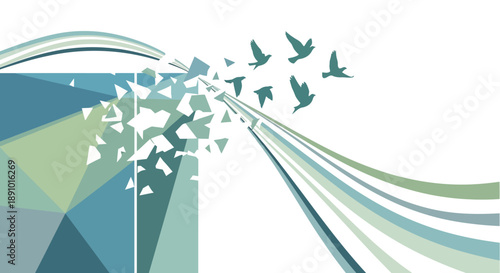 Illustration of a flying bird emerging from a geometric design on freedom day, with a stylized icon representing humanity and a sense of liberation in a vibrant, daytime setting.
