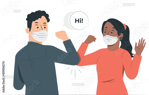 Two people greeting each other with masks on in a friendly manner