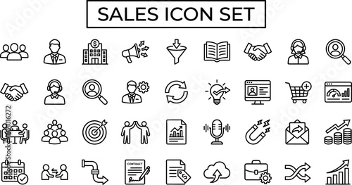 Sales Process and CRM Line Icons – Lead Funnel Conversion Growth