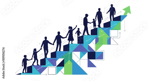 Illustration of people helping each other up a colorful geometric staircase with a flying bird icon, symbolizing freedom and progress on a bright day.