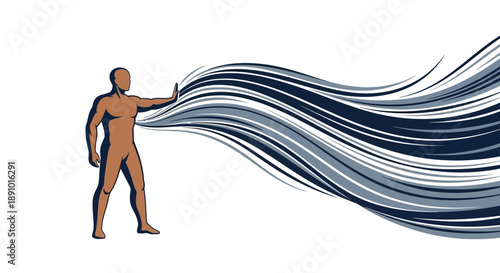 Illustration of a human figure releasing a flowing, wavy line design on a white background, symbolizing freedom day and humanity.