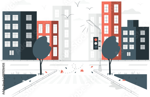 Modern cityscape illustration featuring buildings, traffic lights, trees, and streets from a straight-on viewpoint