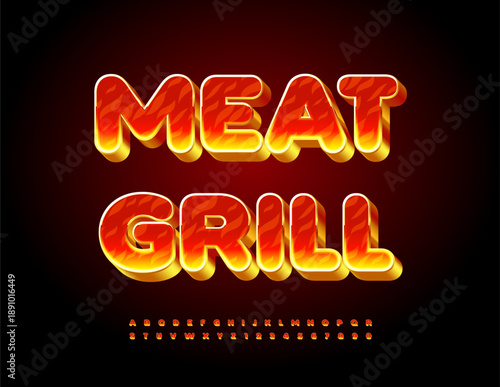 Vector Hot Advertising Meat Grill for Cafe and Restaurant. Fire pattern Font. Bright  Flame style Alphabet Letters and Numbers set. 
