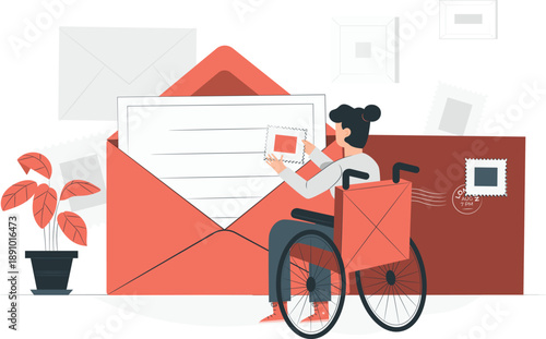 Woman on bicycle holding envelope and letter, surrounded by oversized mail icons, in a modern urban environment, from a frontal viewpoint