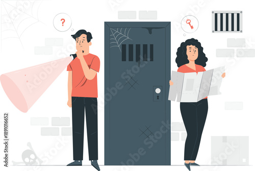 Man and woman standing beside a mysterious dark blue door with question marks and a flashlight beam shining