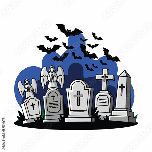 A cartoon graveyard scene with tombstones and bats