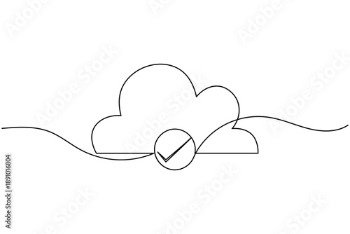 Secure cloud approval check mark icon continuous one line drawing on white background minimalist successful verified data protection storage tick symbol outline vector illustration