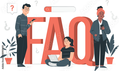 People interacting with large FAQ sign, seeking information and answers in a modern setting with plants around