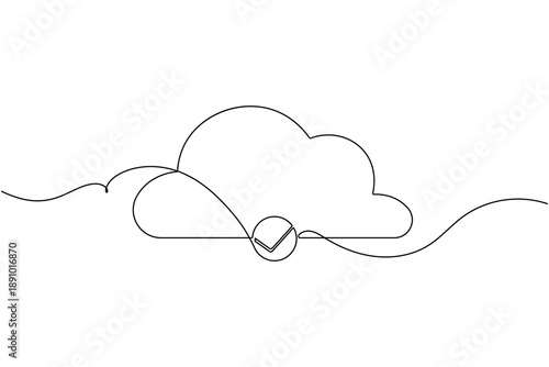 Secure cloud approval check mark icon continuous one line drawing on white background minimalist successful verified data protection storage tick symbol outline vector illustration
