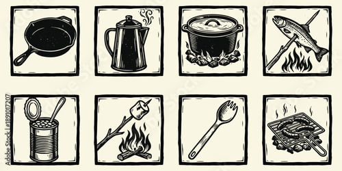 Vintage Woodcut Camping and Outdoor Cooking Icons Set