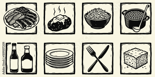 Tableau sur toile Vintage BBQ and Comfort Food Icon Set Woodcut Style Illustrations