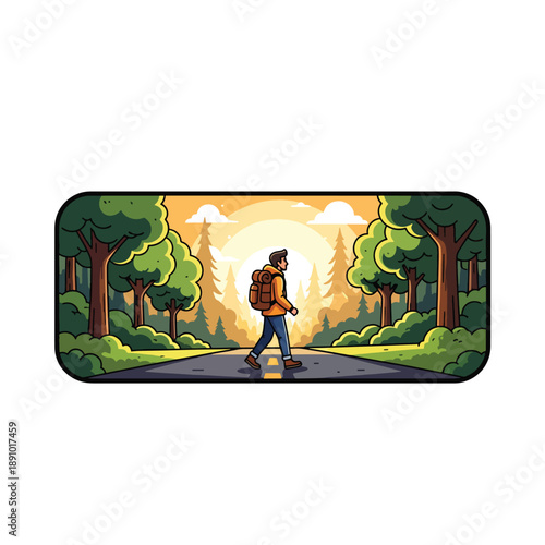A cartoon man walks down a forest road