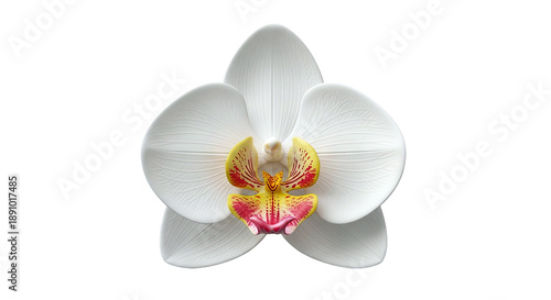 Close-up of a white orchid bloom with yellow and pink markings