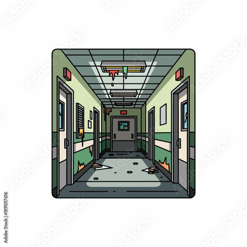 A cartoon illustration of a dilapidated hospital corridor