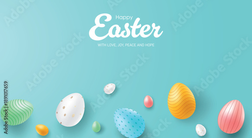 Easter concept design. Top view vector of colorful eggs with pattern isolated on minimal background with copy space. Holiday card vector illustration. EPS 10.