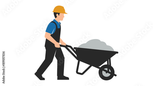 Man in hard hat pushing loaded wheelbarrow with gray material on white background