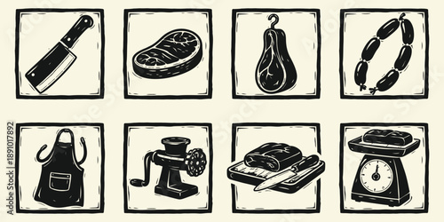 Vintage Butchery and Meat Shop Icons Set  Woodcut Style Illustration