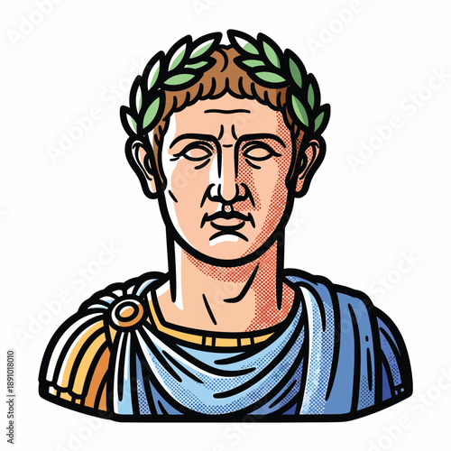 A cartoon illustration of a man wearing a laurel wreath