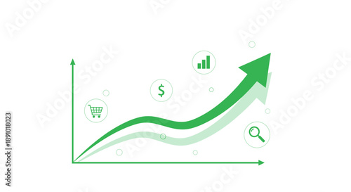 Dynamic Business Growth Chart with Upward Trending Arrow and Strategic Analytics Icons