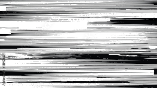 Glitchy black and white digital distortion effect with horizontal lines and abstract background texture
