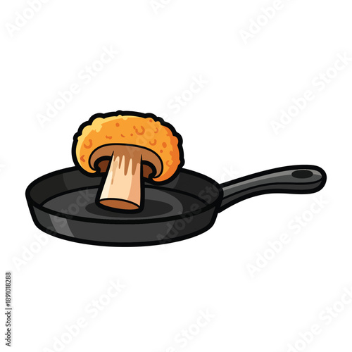 A cartoon mushroom on a frying pan