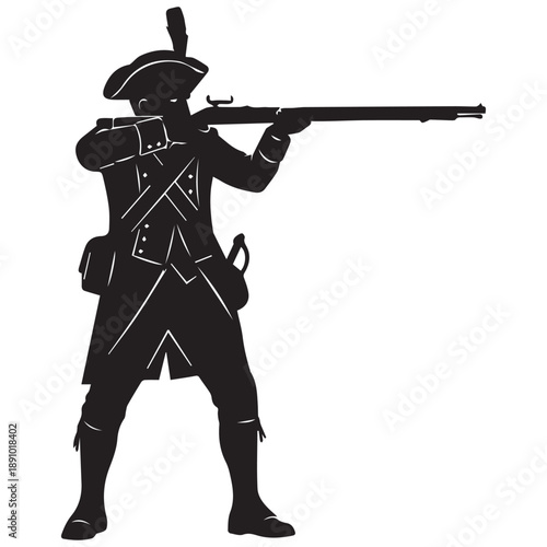 Colonial soldier silhouette aiming musket, historical representation of American warfare.