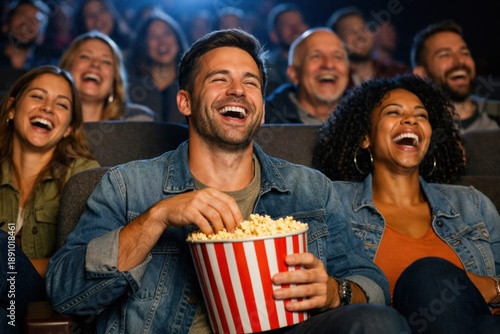 People laughing and eating popcorn while watching a funny movie together in a cinema with happy mood