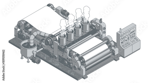 Industrial printing machine with rollers and control panel on white background