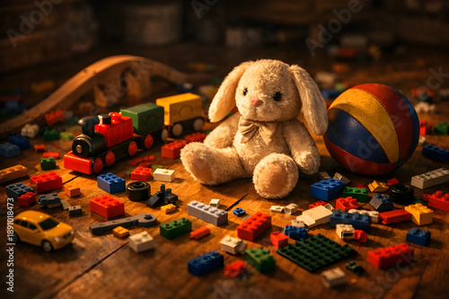Nostalgic still life of a plush bunny, colorful building blocks, and a toy train scattered on a wooden floor with warm, cozy lighting.