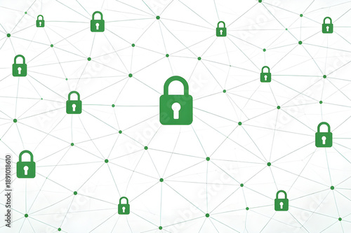 Green padlock icons representing cybersecurity and data protection across a digital interconnected network structure on a white background.