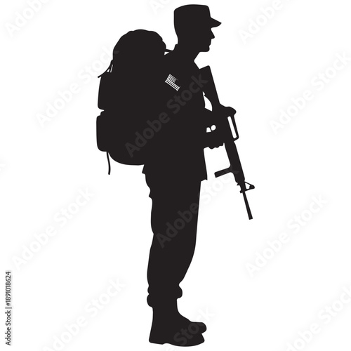 Soldier silhouette with large backpack and rifle, prepared for deployment and missions.