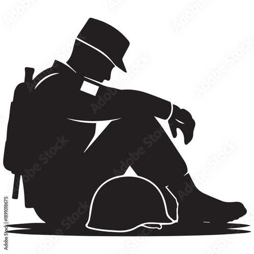 Tired soldier sitting silhouette with helmet, conveying exhaustion and deep contemplation.