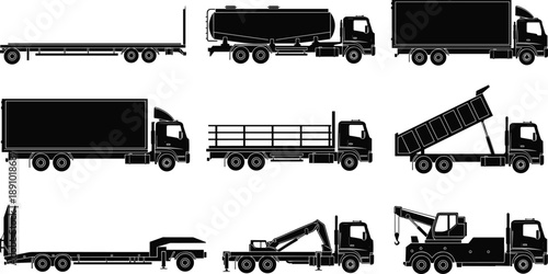 Vector, black, silhouettes, of, various, industrial, trucks, including, cargo, trailers, tanker, dump, truck, and, crane, for, logistics, transportation, construction, delivery, services