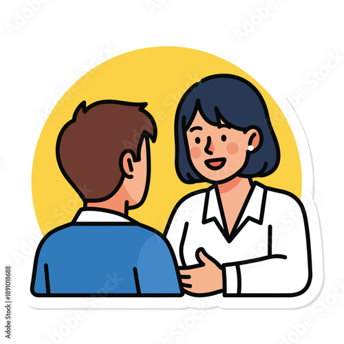 A cartoon illustration of a woman and a boy