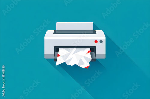 Printer malfunction icon with crumpled paper jam in flat design style. Printing error concept on a vibrant blue-green background.