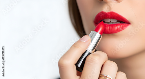 Close up of woman applying bright red lipstick on her lips