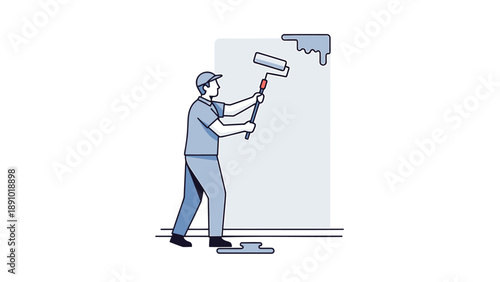 Man painting a wall with a roller in a simple line art style indoors