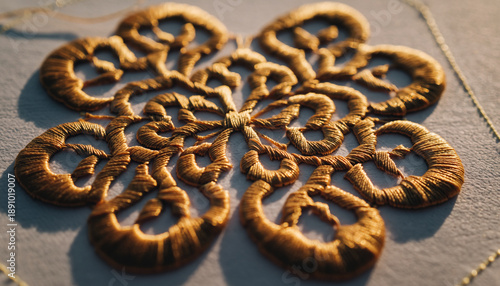 Intricate gold-colored lace or embroidery piece with floral patterns.