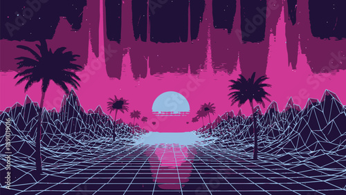 Futuristic landscape with neon grid pathway palm trees and vibrant purple sky at dusk with abstract mountains