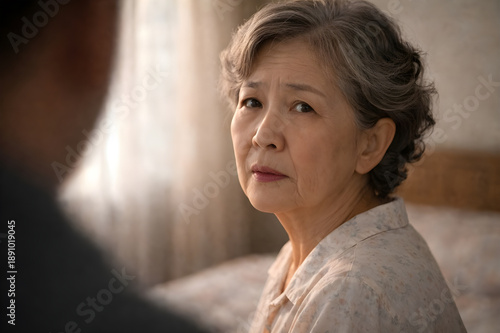 Close-up portrait of a serious senior Asian woman listening intently or showing concern in a warm, intimate domestic setting.