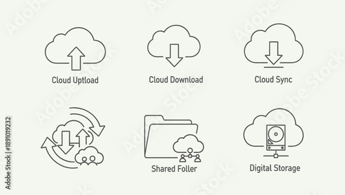Cloud computing icons set for data storage and management services online