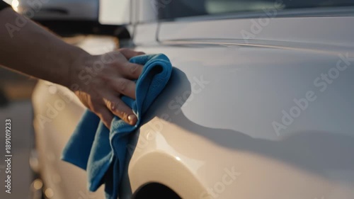 A person cleaning a white car with a blue microfiber cloth outdoors